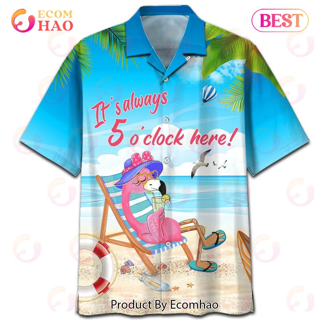 Flamingo It_s Always 5 O_clock Here Print Hawaiian Shirt
