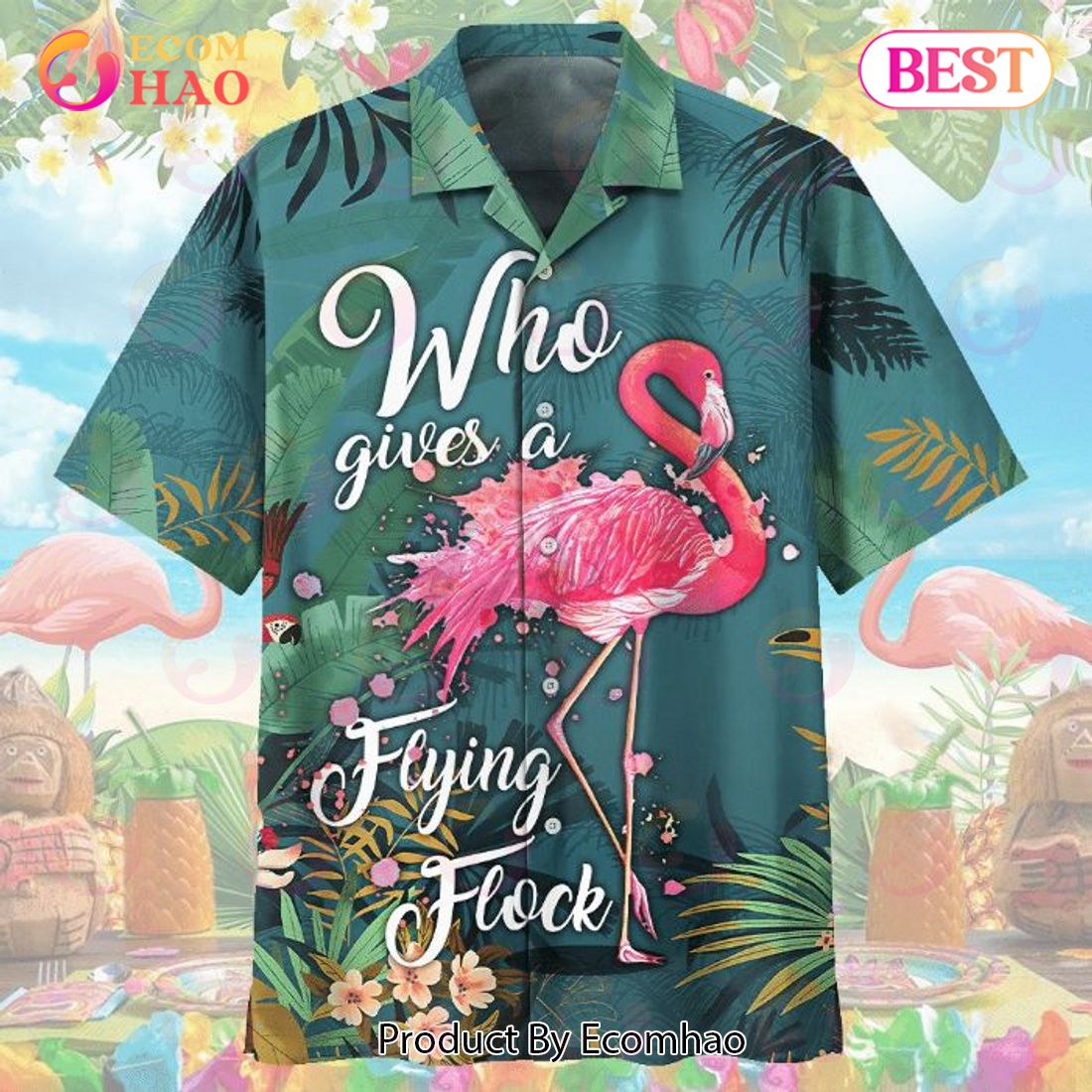 Flamingo Who Gives A Flying Flock Tropical Flowers Print Hawaiian Shirt