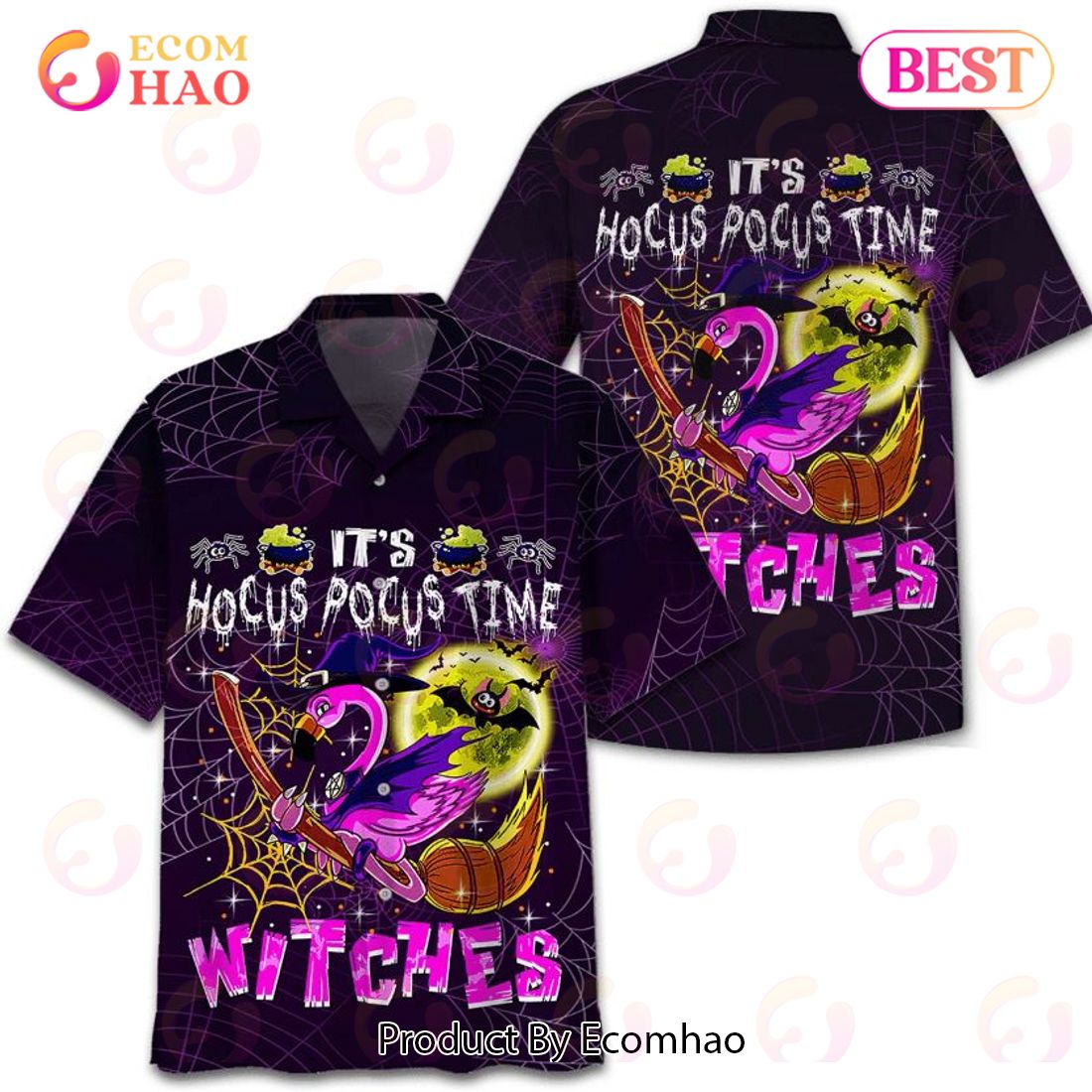 Flamingo Witch It’s Hocus Pocus Time Witches Print Hawaiian Shirt