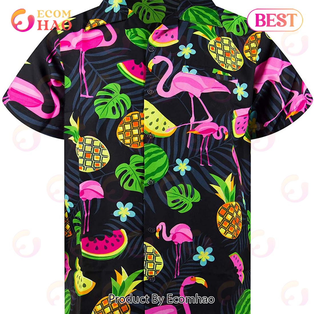 Funky Melon Pineapple Pink Flamingo Hawaiian Vacation Shirt