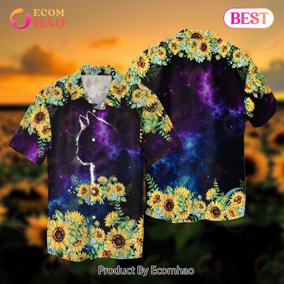 Galaxy Cat With Sunflowers Hawaiian Shirt