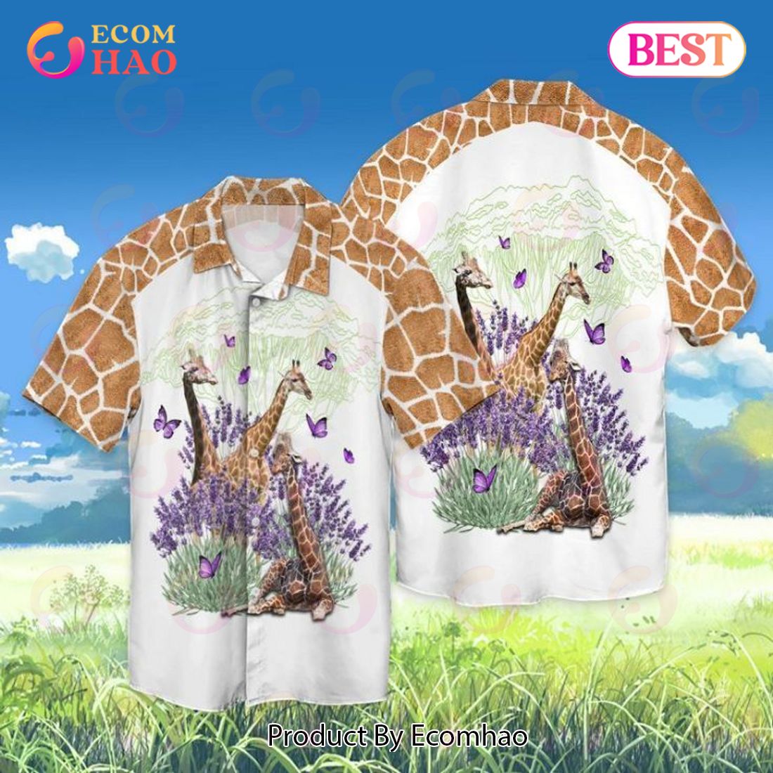 Giraffe And Gorgeous Purple Flower Hawaiian Shirt