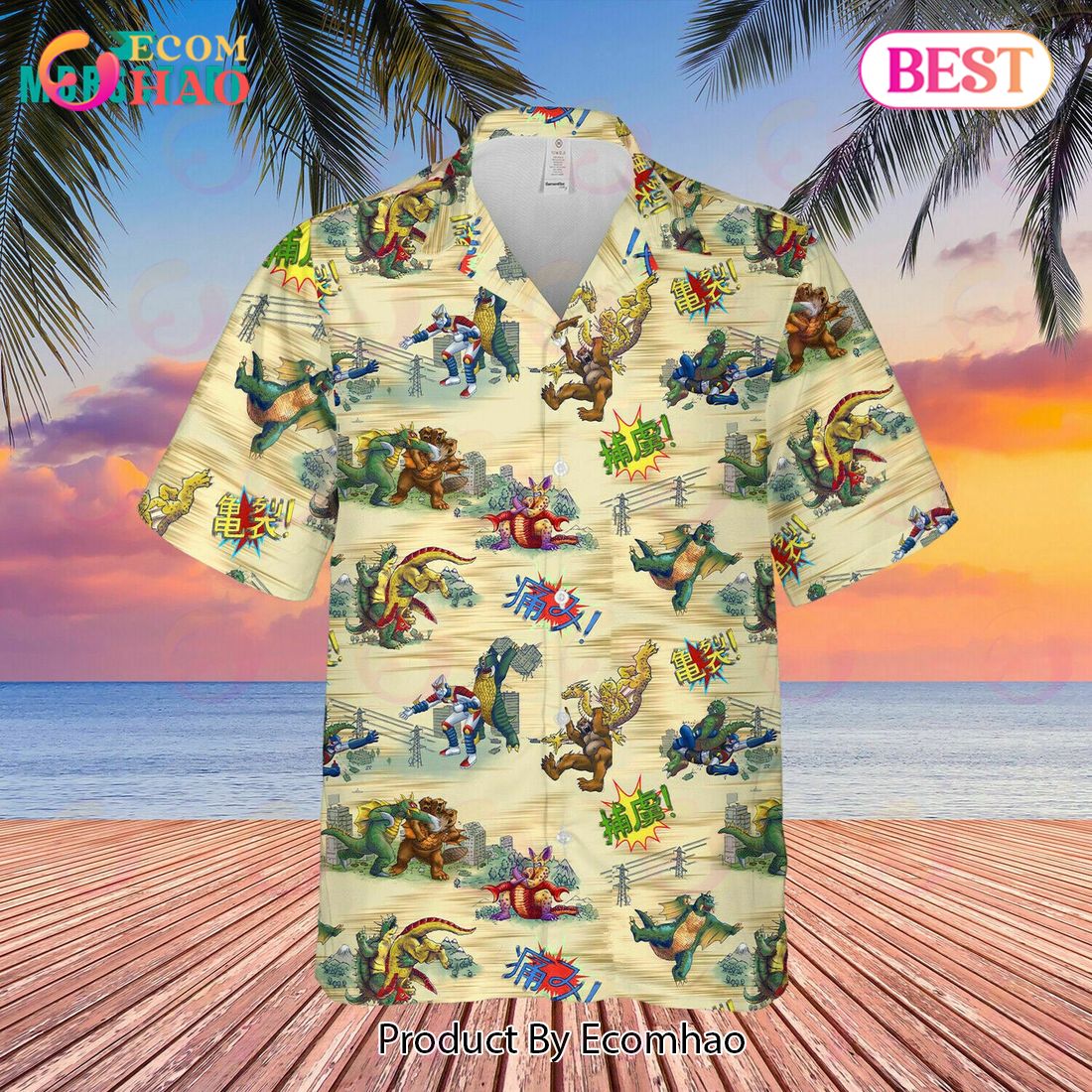 Godzilla King Of Monster Vintage Beach Button Down Tropical Hibiscus Hawaiian Shirt