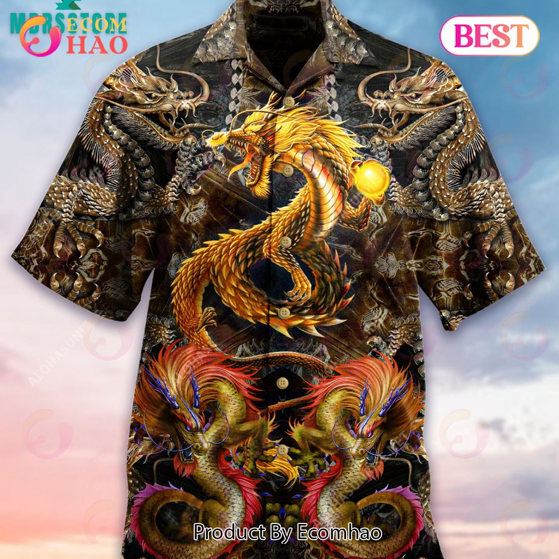 Golden Dragon Golden Ryujin Samurai Warrior Unisex Hawaiian Shirt