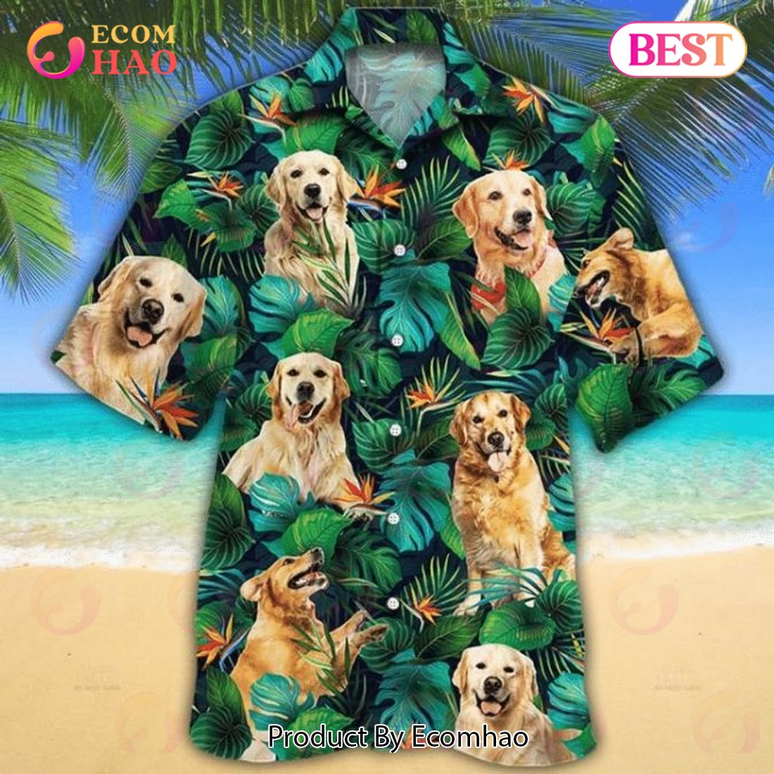 Golden Retriever Dog Lovers Tropical Leaves Hawaiian Shirt