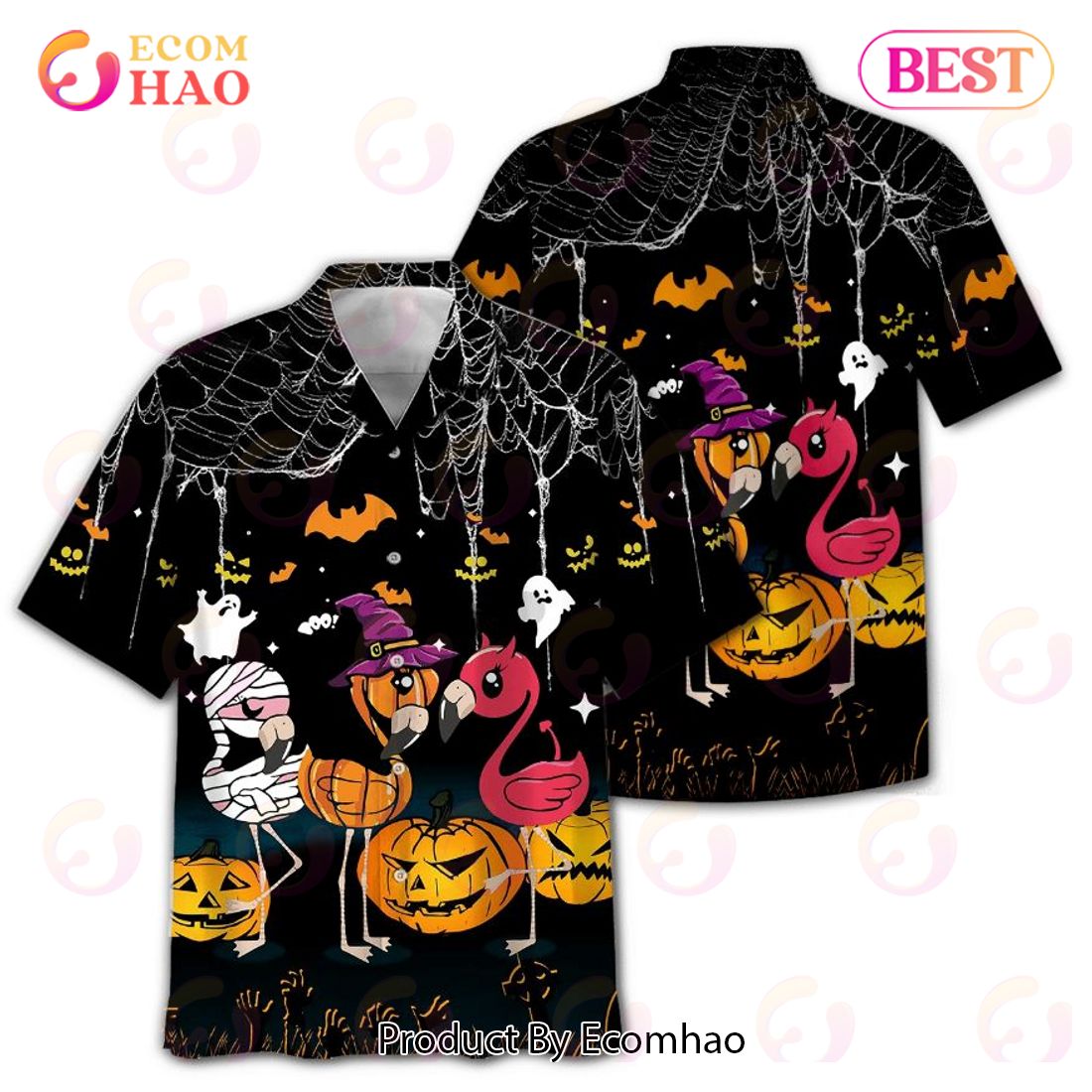 Halloween Flamingo And Pumpkin Print Hawaiian Shirt