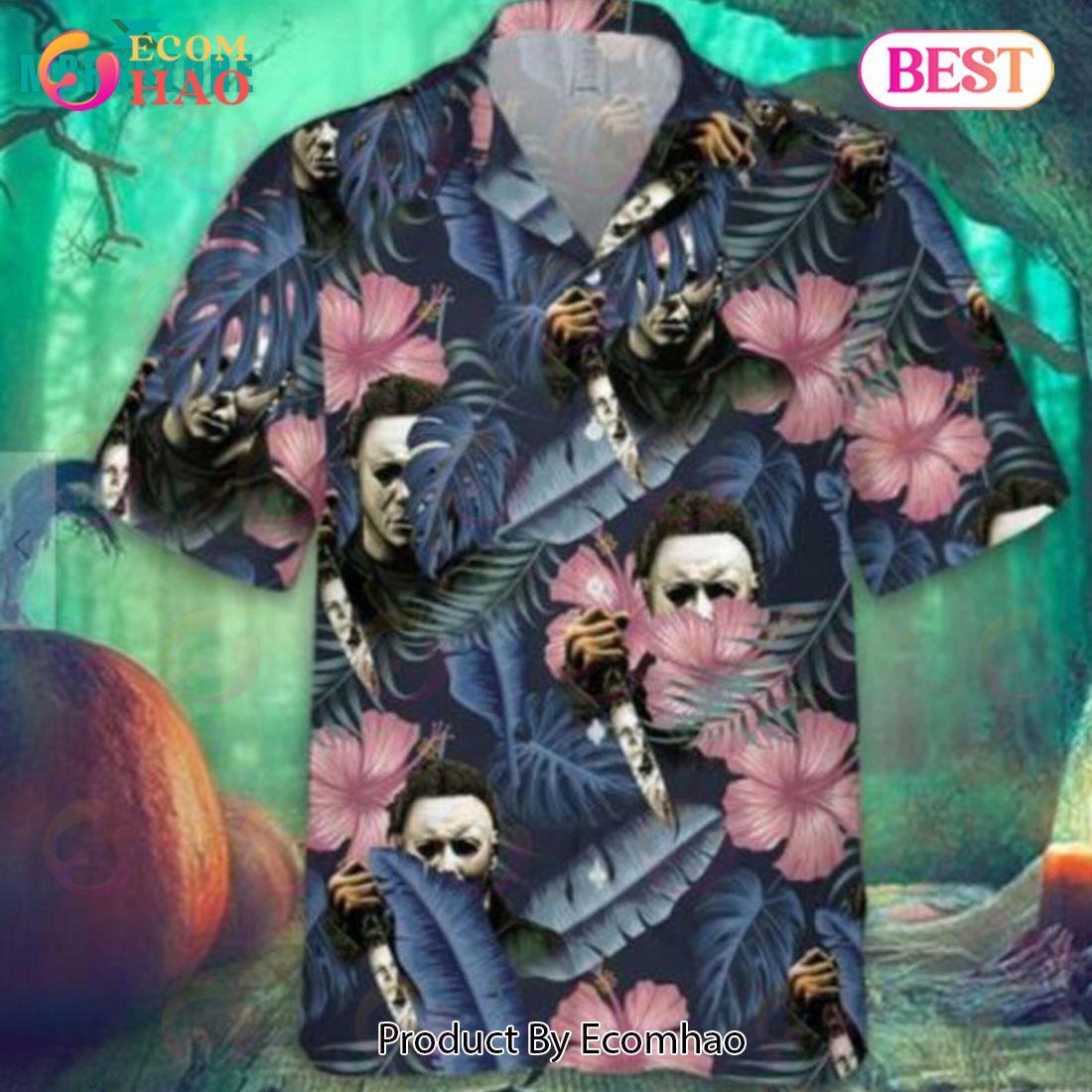 Halloween Michael Myers With Knife Tropical Horror Halloween Button Hawaiian Shirt