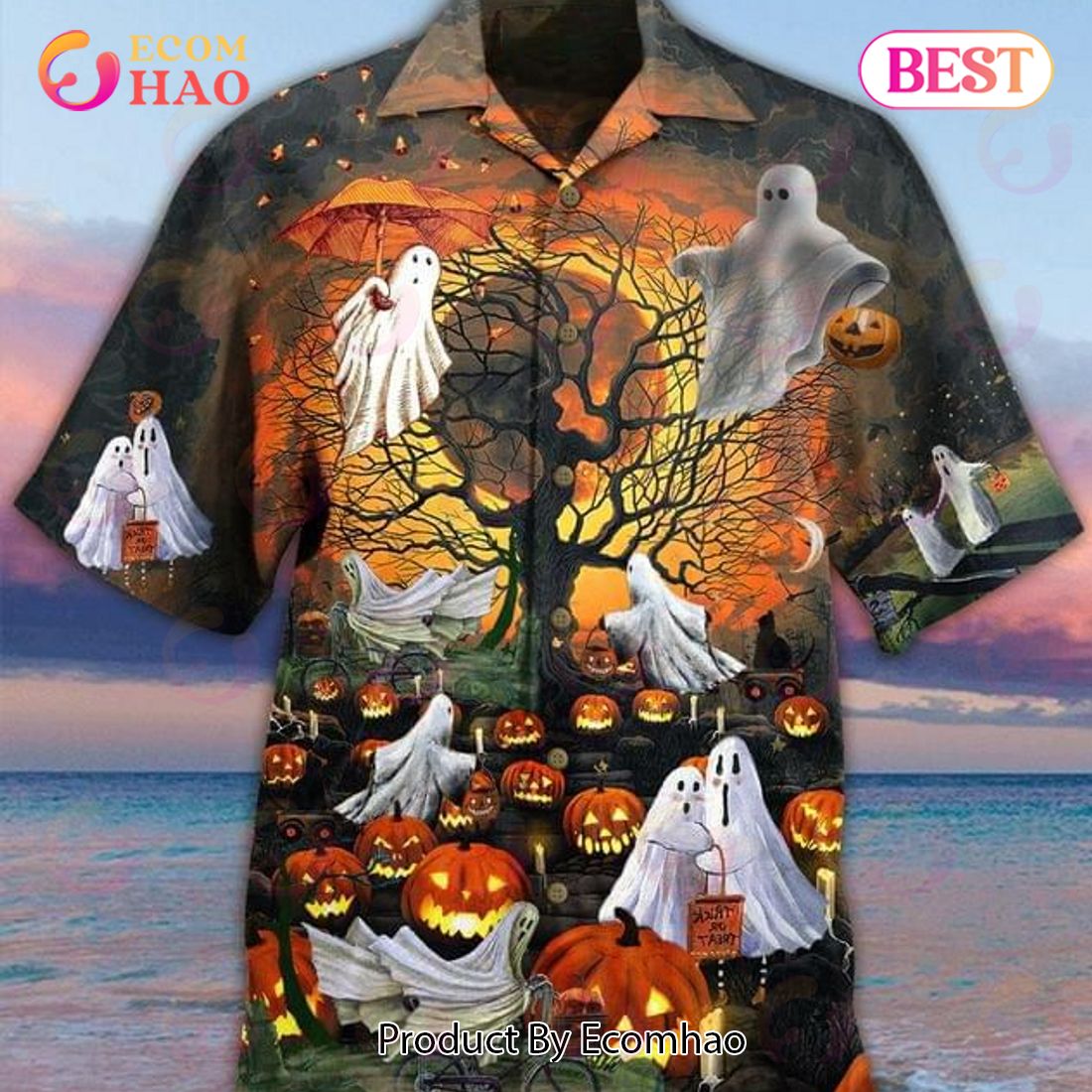 Halloween Pumpkin And Ghost Print Hawaiian Shirt