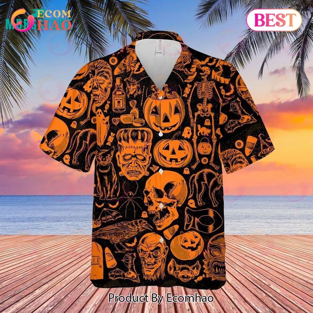 Halloween Skull Pumpkin Black Cat Skeleton Tropical Beach Hawaiian Shirt