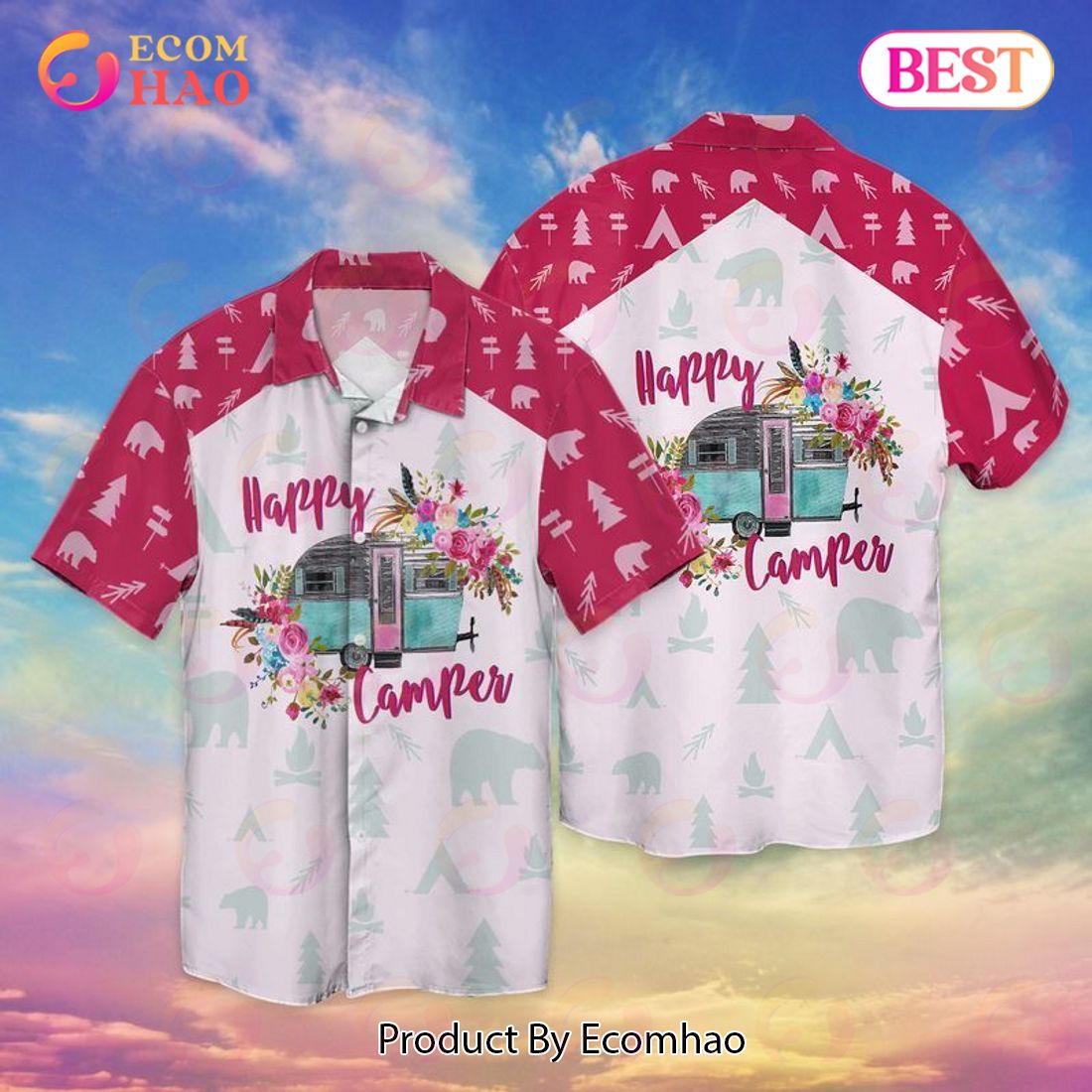 Happy Camper Bus And Flowers Hawaiian Shirt