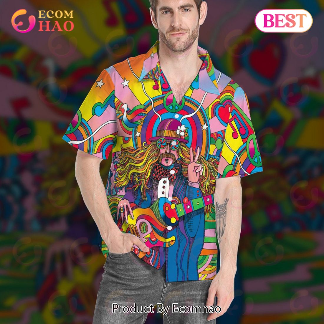 Hippie Psychedelic Guitar Player Hawaiian Shirt