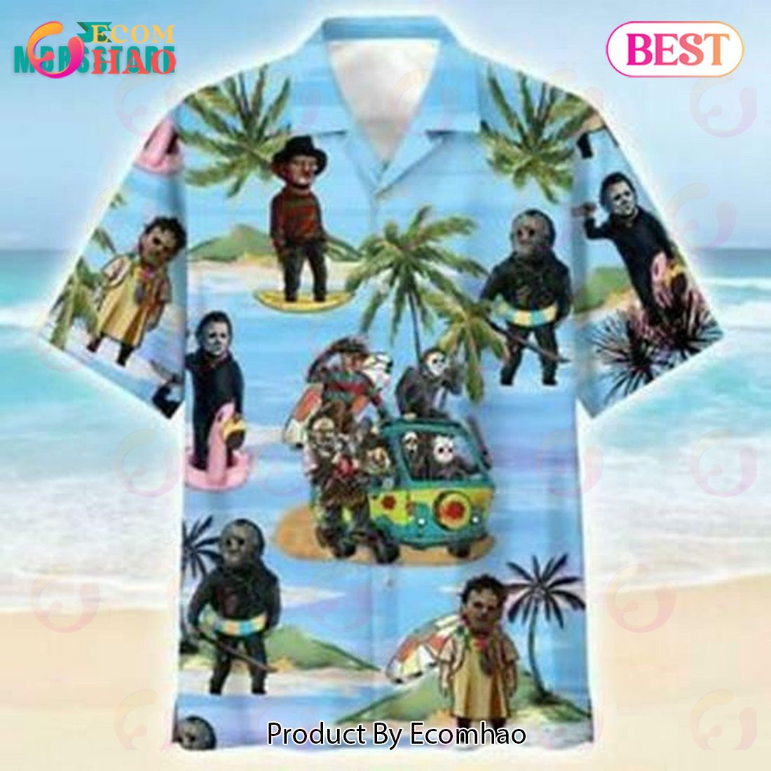 Horror Movie Characters On The Beach Aloha Tropical Button Summer Hawaiian Shirt