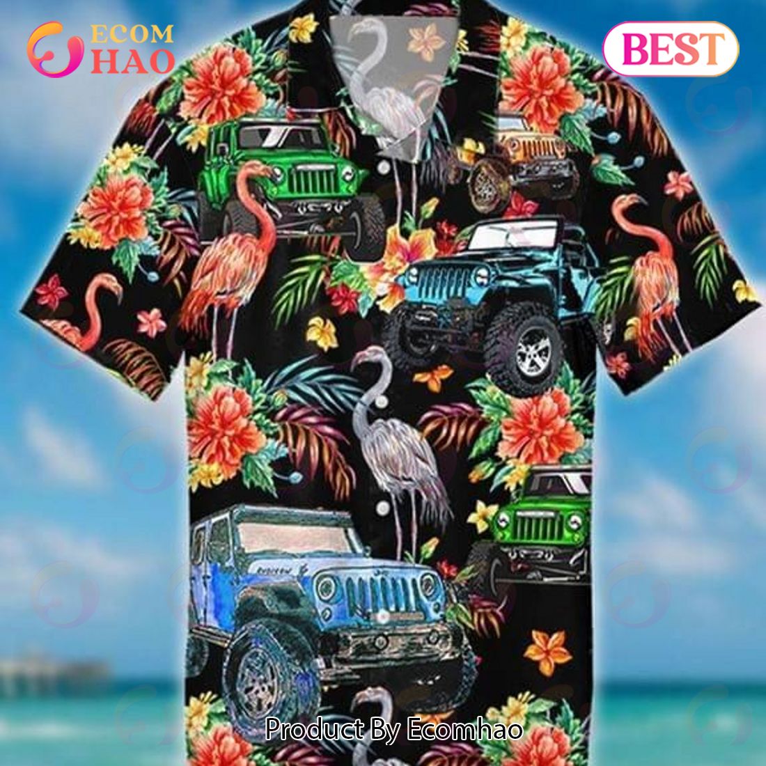 Jeep And Flamingo Print Hawaiian Shirt