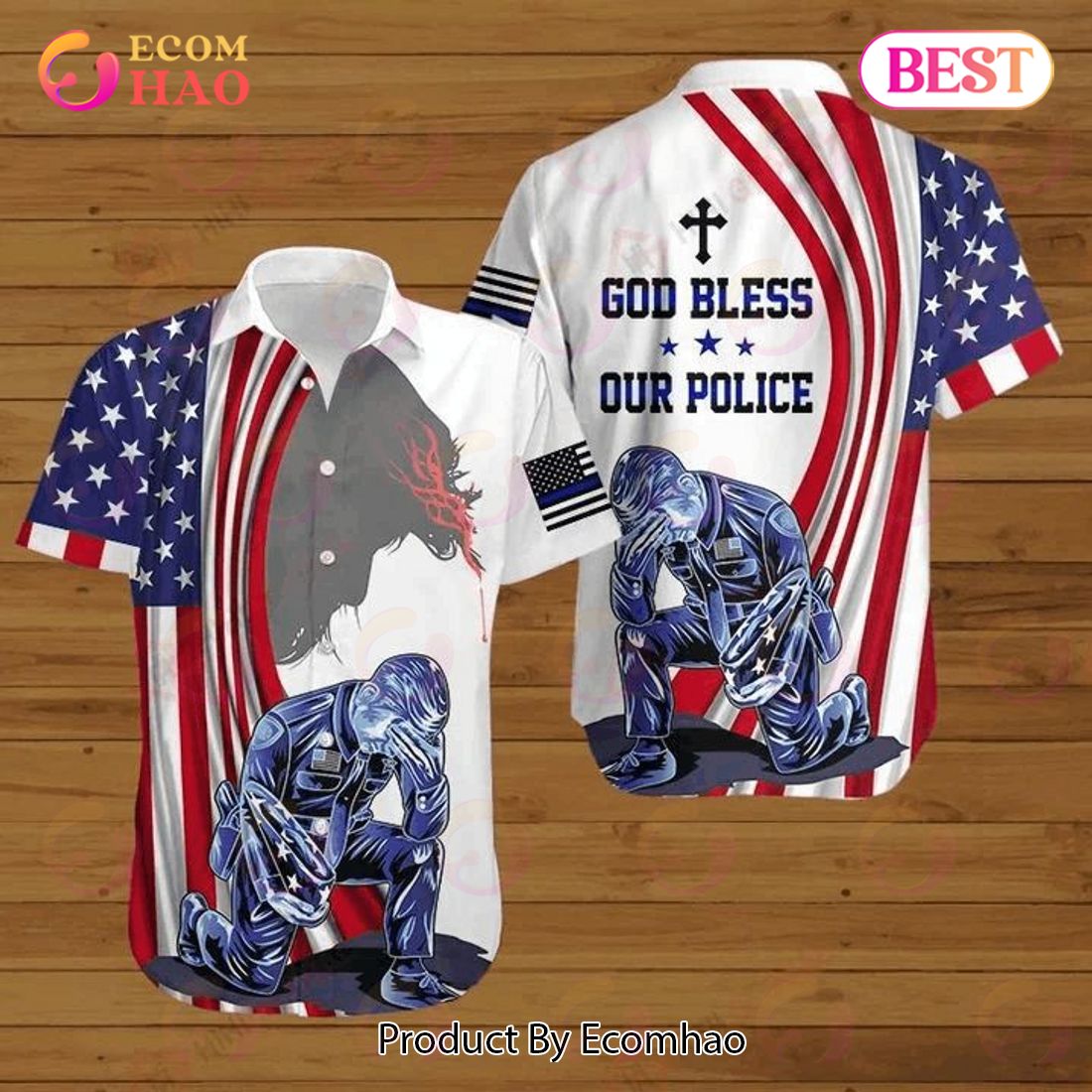 Jesus Bible American Flag 4th Of July Independence Day God Bless Our Police Hawaiian Shirt