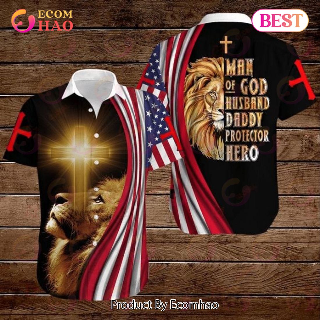 Lion Cross American Flag 4th Of July Independence Day Man Of God Husband Daddy Protector Hero Hawaiian Shirt