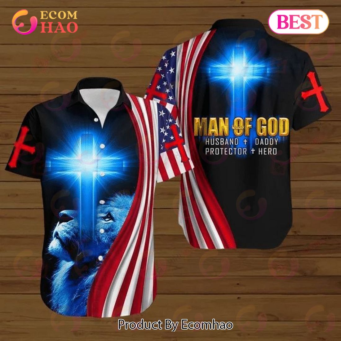 Lion Cross American Flags 4th Of July Independence Day Man Of God Husband Daddy Protector Hero Hawaiian Shirt