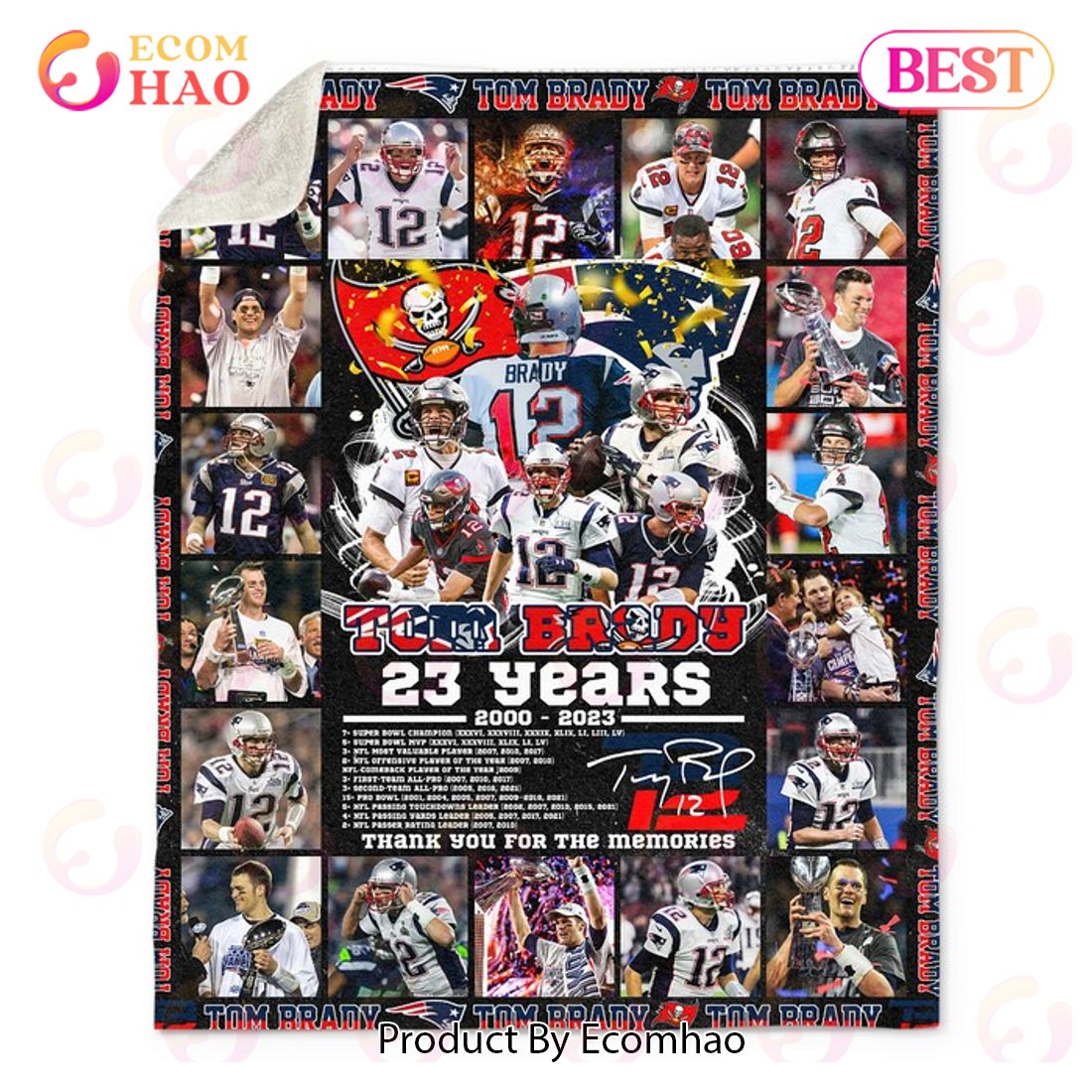 Tom Brady 23 Years 2000 – 2023 Thank You For The Memories Quilt, Fleece Blanket, Sherpa Fleece Blanket