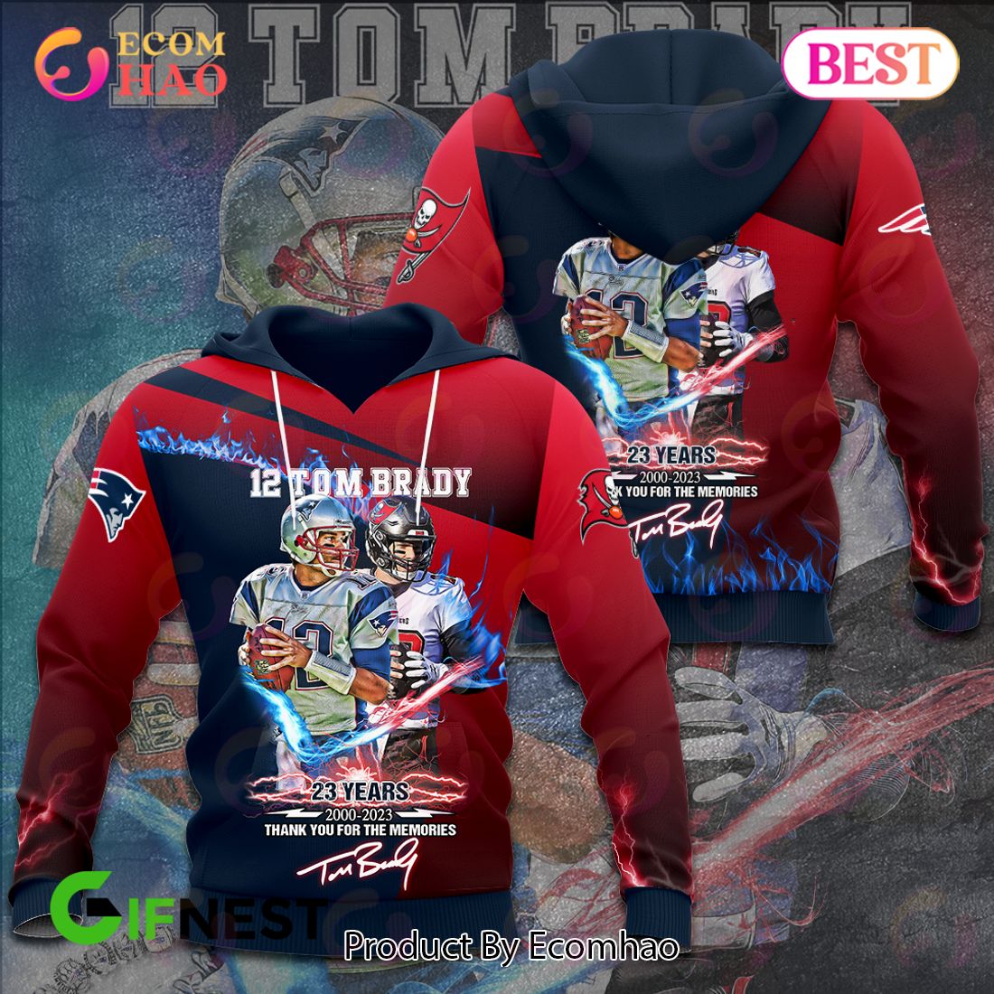 12 Tom Brady 23 Years 2000 - 2023 Thank You For The Memories 3D Hoodie
