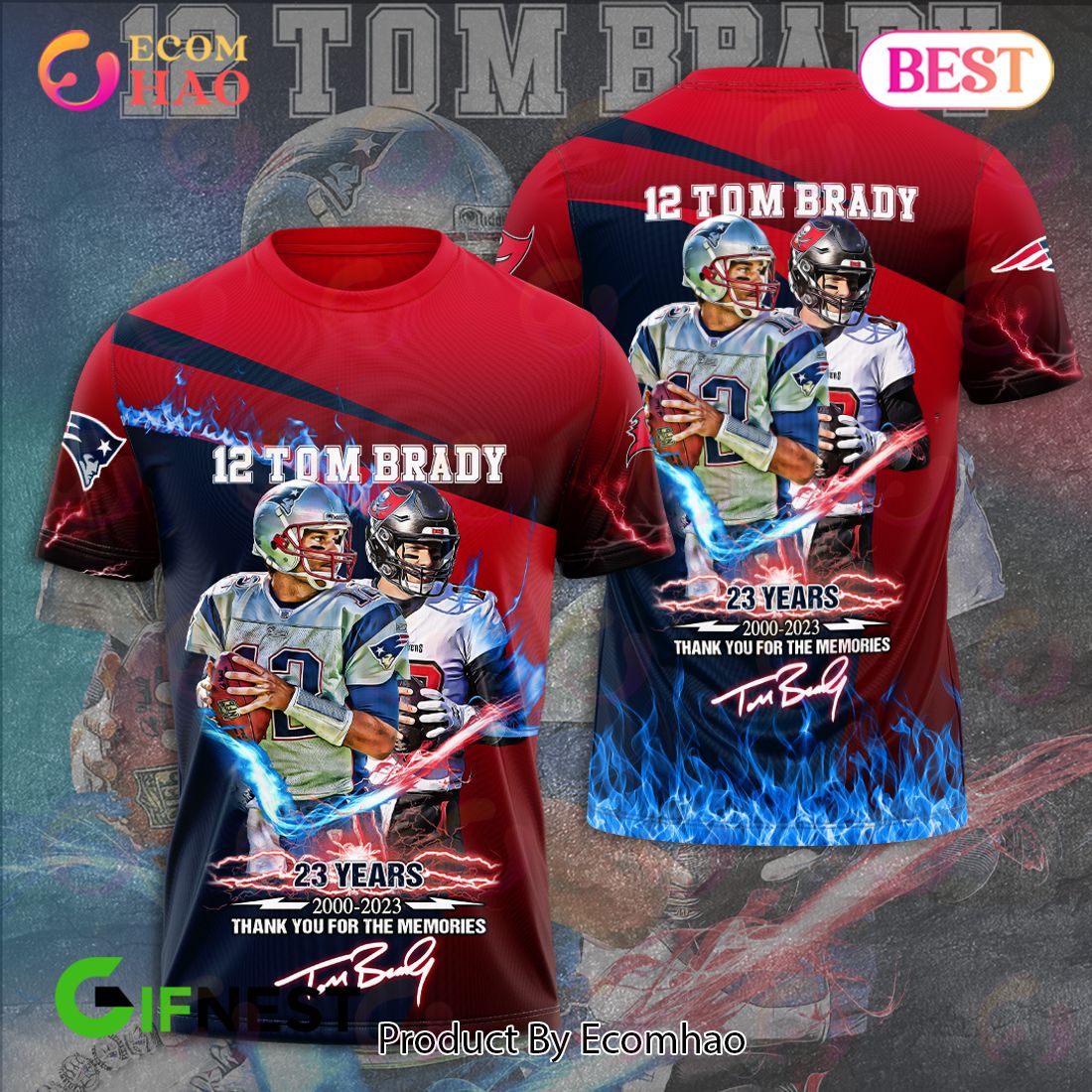 12 Tom Brady 23 Years 2000 - 2023 Thank You For The Memories 3D Hoodie