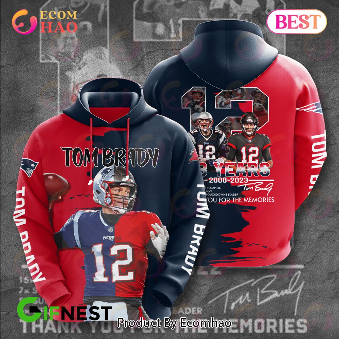 Tom Brady 23 Years Of 2000 - 2023 Thank You For The Memories 3D Hoodie