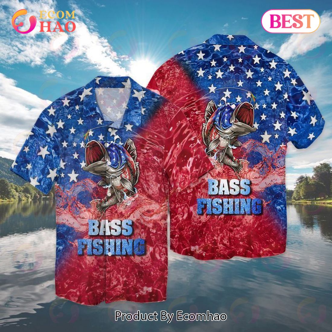 New 4th Of July Independence Day Bass Fishing American Flag 3D Hawaiian Shirt, Aloha Shirt