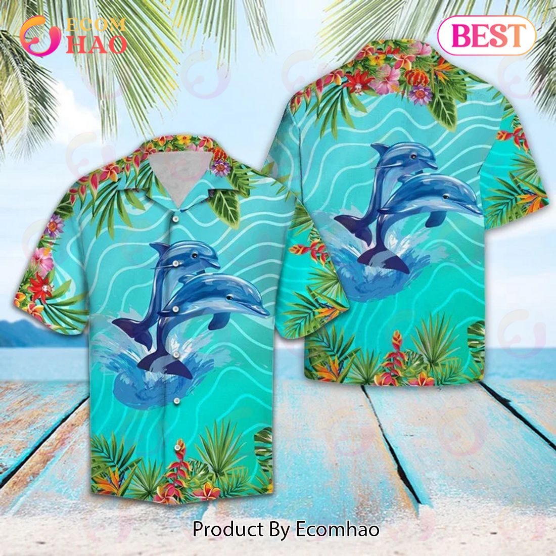 New A Couple Of Dolphin Love Summer Vacation Themed Pattern 3D Hawaiian Shirt, Aloha Shirt