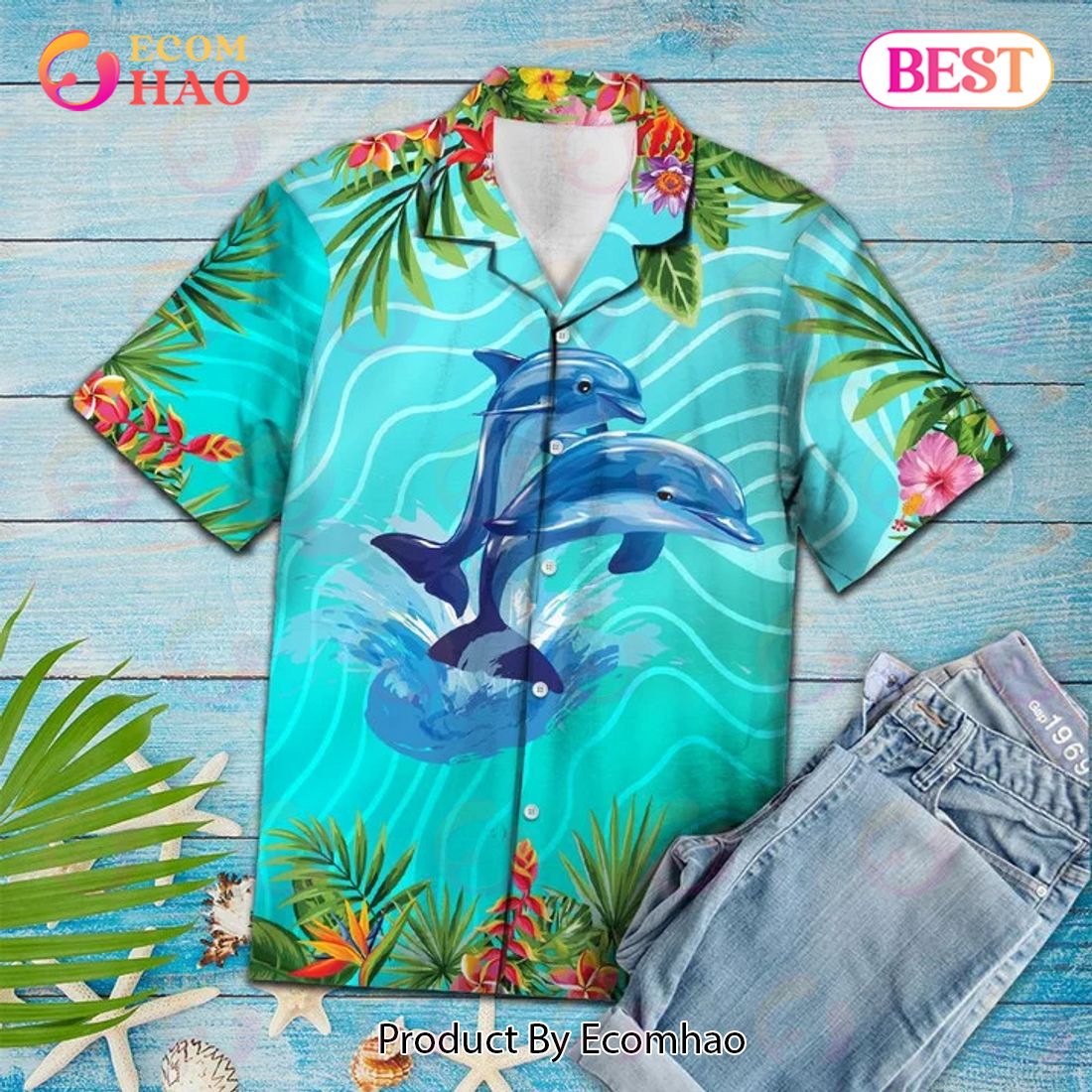 New A Couple Of Dolphin Love Summer Vacation Themed Pattern 3D Hawaiian Shirt, Aloha Shirt