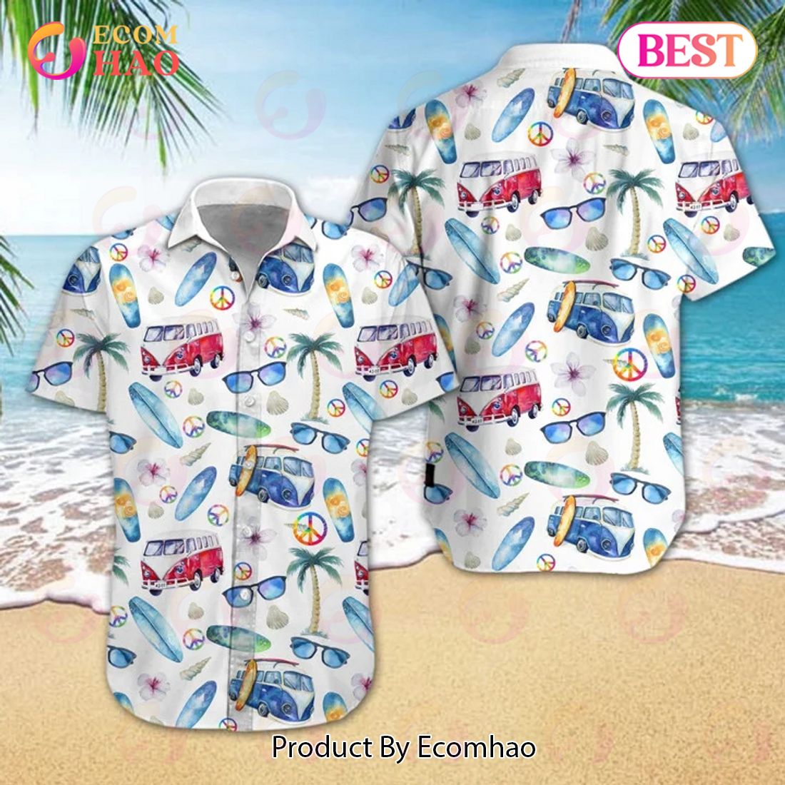 New Adorable Hippie Car Beach Design 3D Hawaiian Shirt, Aloha Shirt