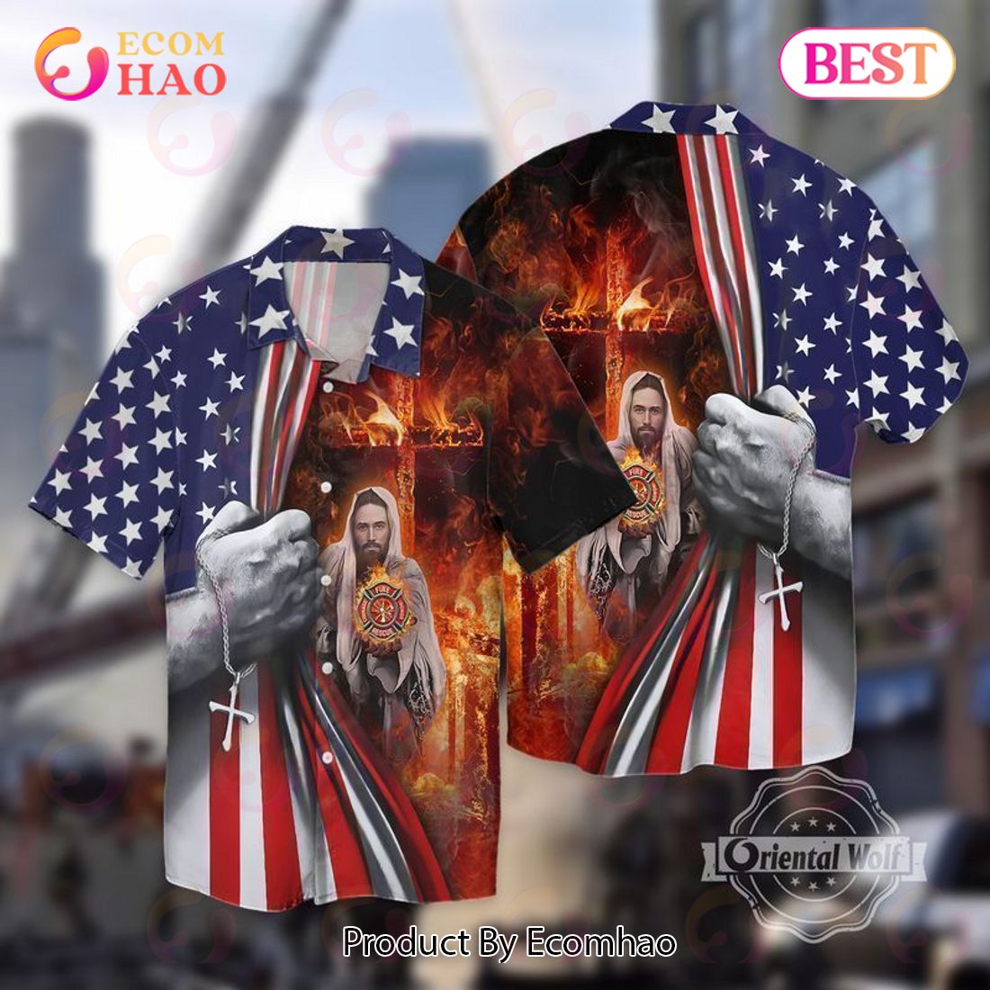 Memorial Day Firefighter American Flag Jesus Hawaiian Shirt