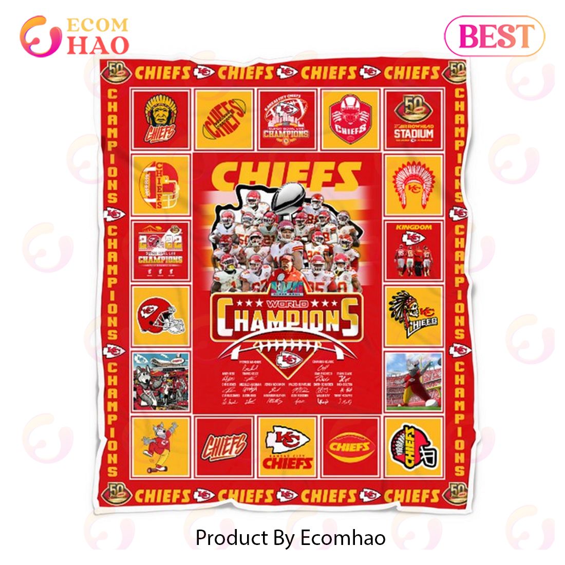 Kansas City Chiefs World Champions Super Bowl LVII Quilt, Fleece Blanket, Sherpa Fleece Blanket