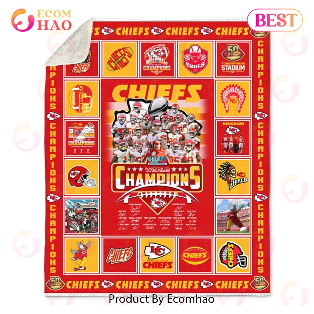 Kansas City Chiefs World Champions Super Bowl LVII Quilt, Fleece Blanket, Sherpa Fleece Blanket