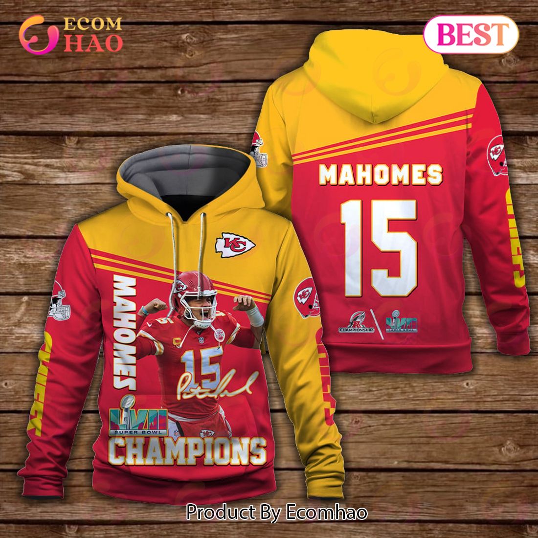 Patrick Mahomes 15 Kansas City Chiefs Super Bowl Champion 2023 AFC Champions Unisex 3D Hoodie