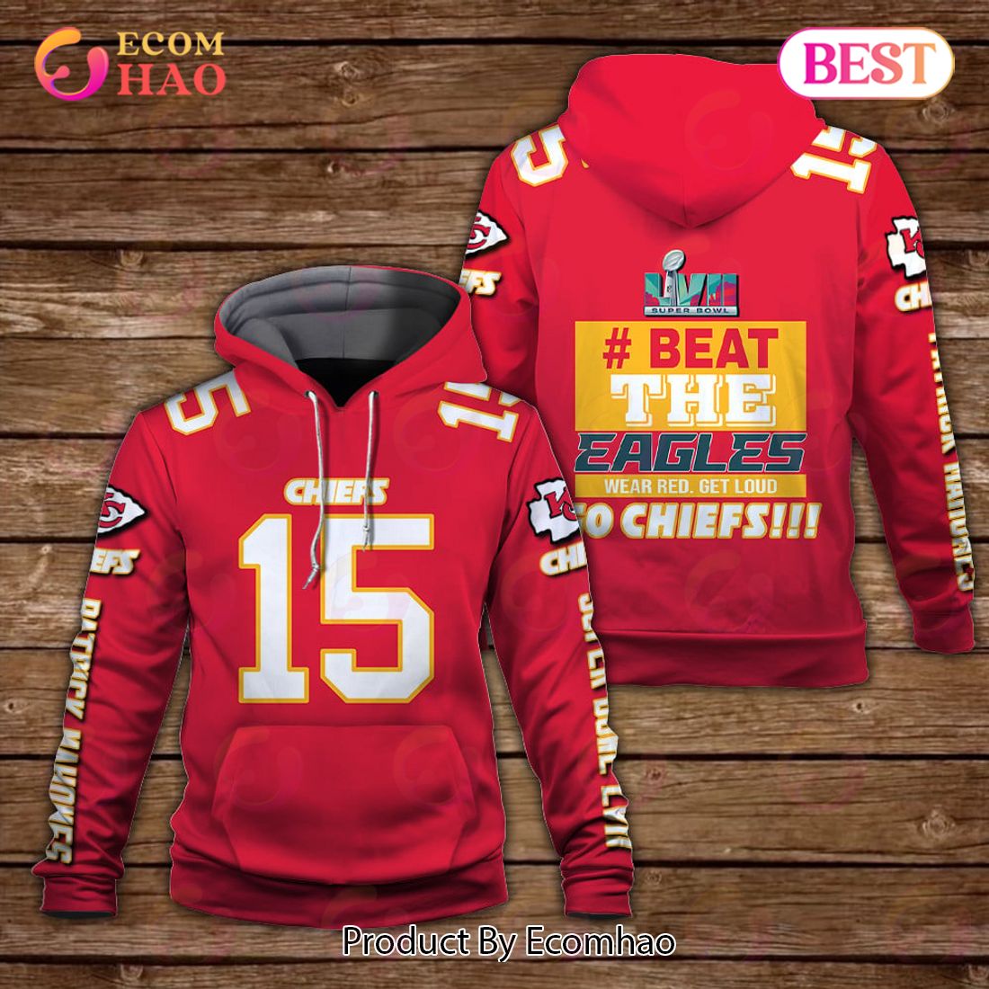 Patrick Mahomes Beat The Eagles Wear Red Get Loud Kansas City Chiefs Super Bowl Champion 2023 Unisex 3D Hoodie