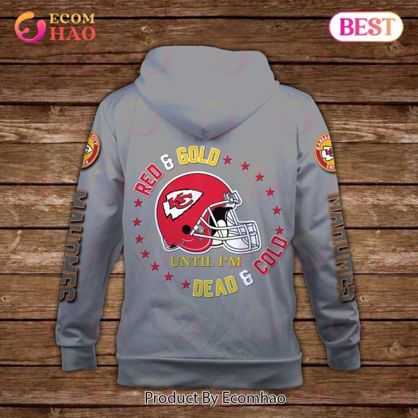 Patrick Mahomes Red And Gold Until I Am Dead And Cold Kansas City Chiefs Super Bowl Champion 2023 Unisex 3D Hoodie