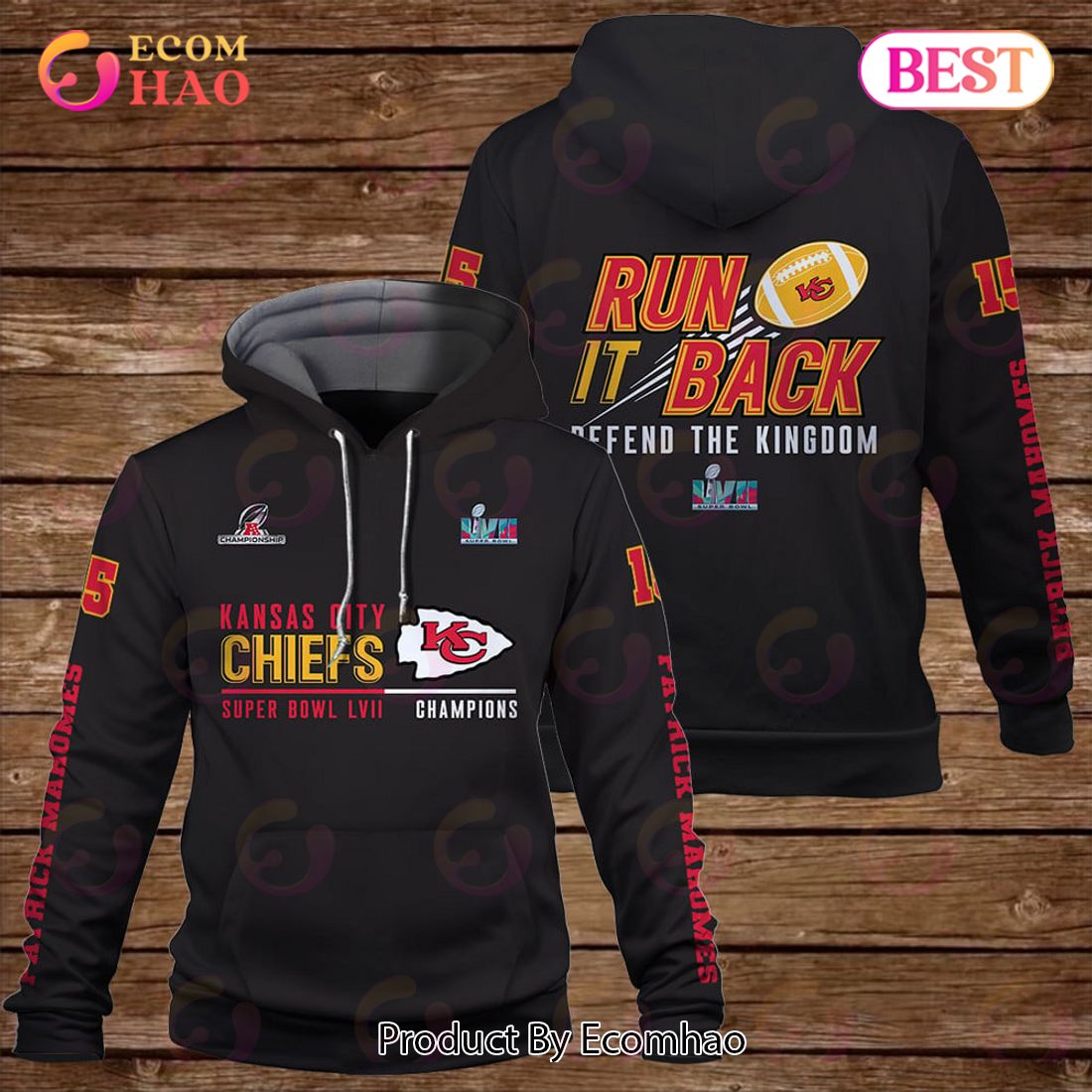 Patrick Mahomes Run It Back Defend The Kingdom Kansas City Chiefs Super Bowl Champion 2023 Unisex 3D Hoodie