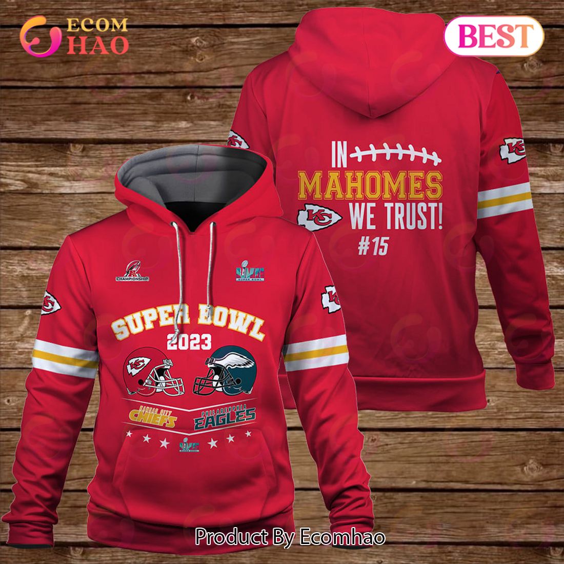 Patrick Mahomes vs Jalen Hurts In Mahomes We Trust 15 Kansas City Chiefs Super Bowl Champion 2023 Unisex 3D Hoodie