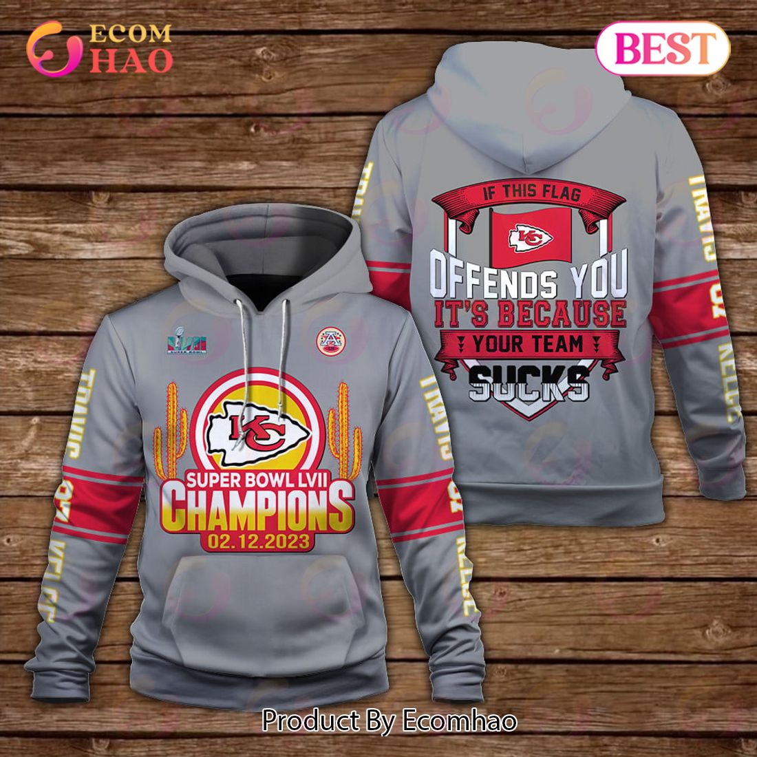 Travis Kelce Run It Back Defend The Kingdom Kansas City Chiefs Super Bowl Champion 2023 Unisex 3D Hoodie