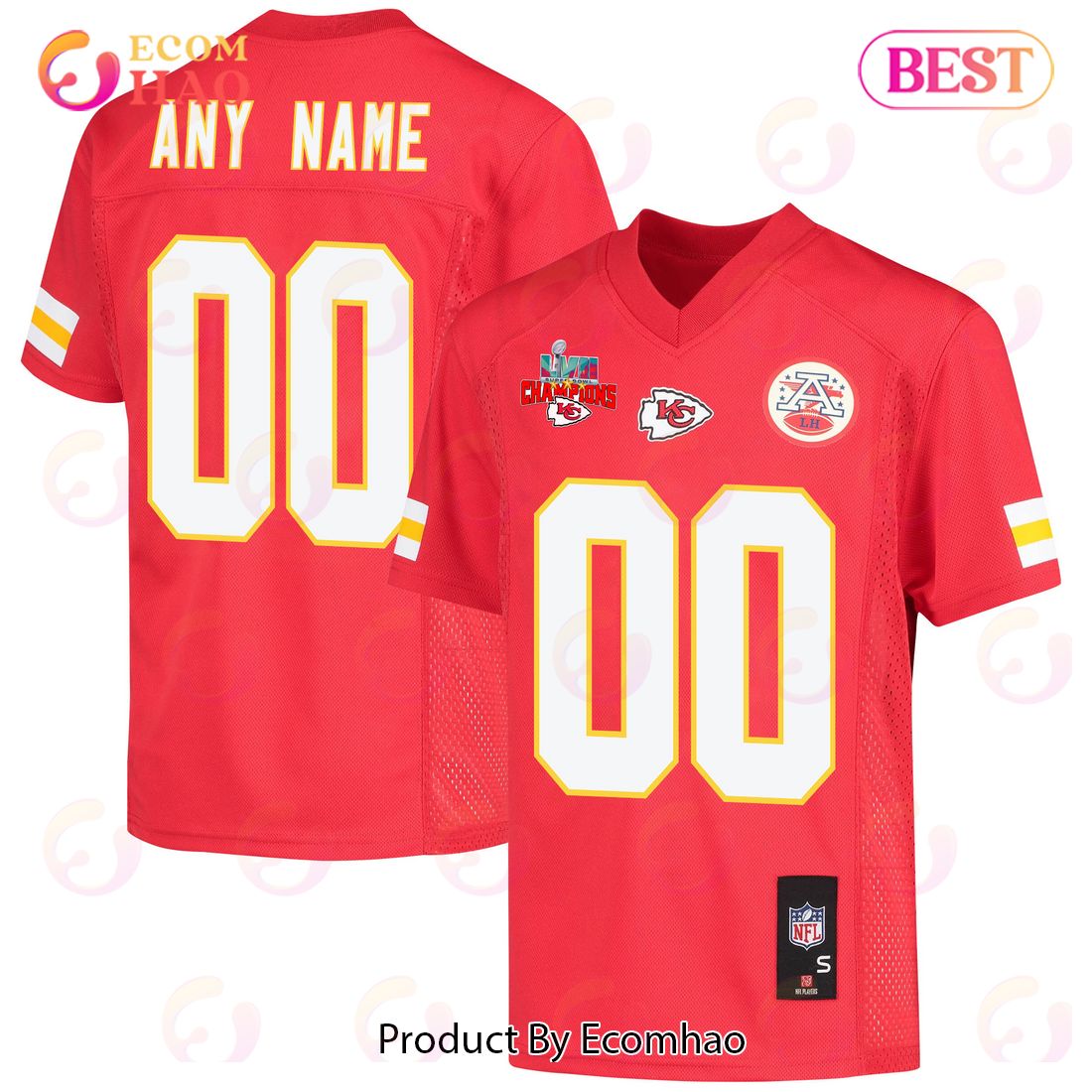 Custom Kansas City Chiefs Super Bowl LVII Champions 3 Stars Youth Game Jersey – Red