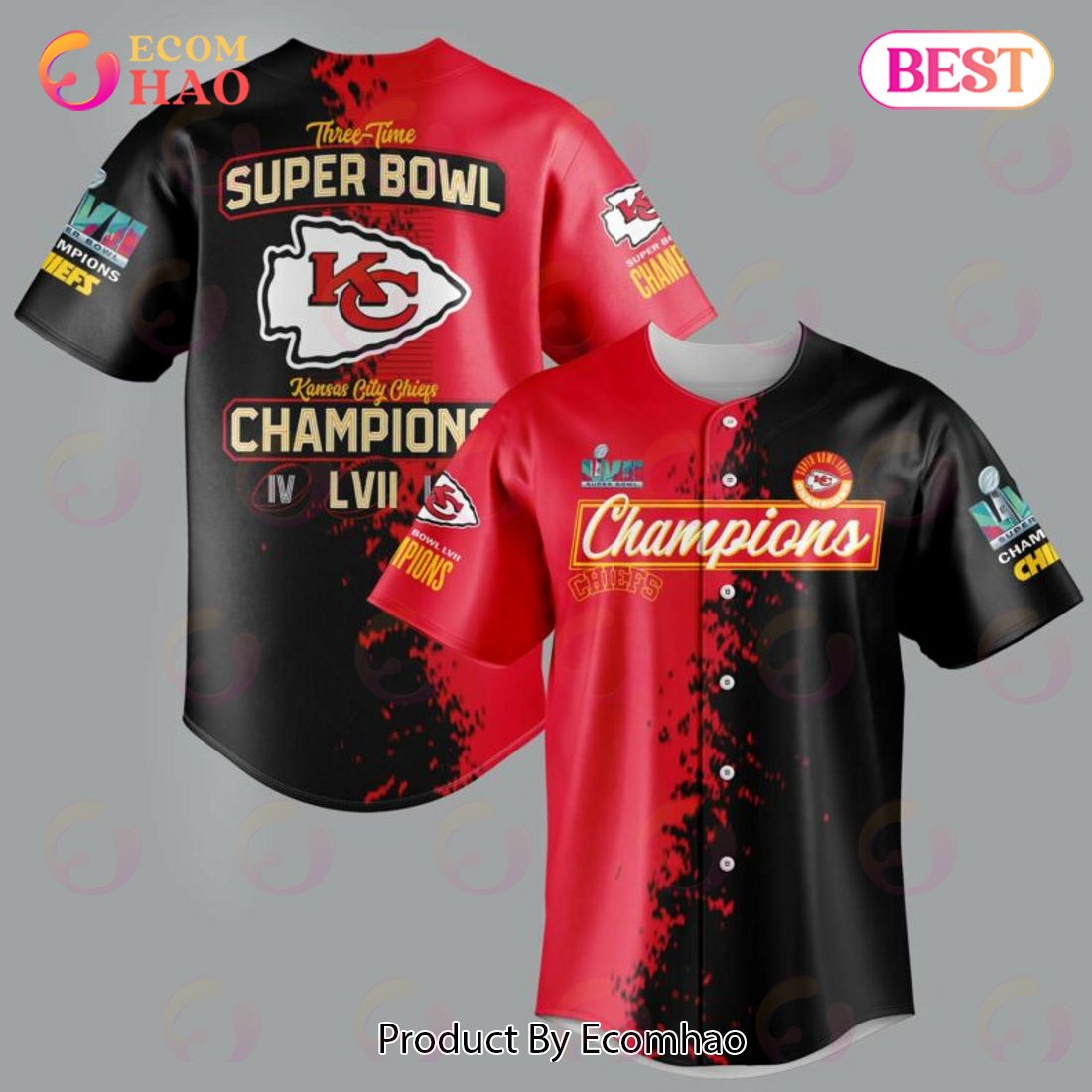 Three Time Kansas City Chiefs Champions Super Bowl LVII Baseball Jersey