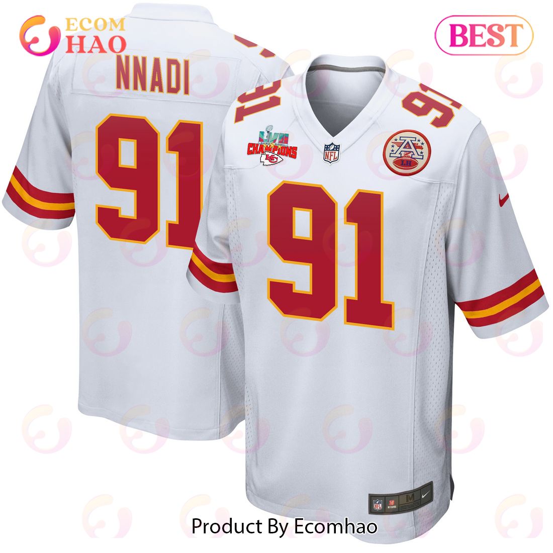 Derrick Nnadi 91 Kansas City Chiefs Super Bowl LVII Champions 3 Stars Men Game Jersey – White