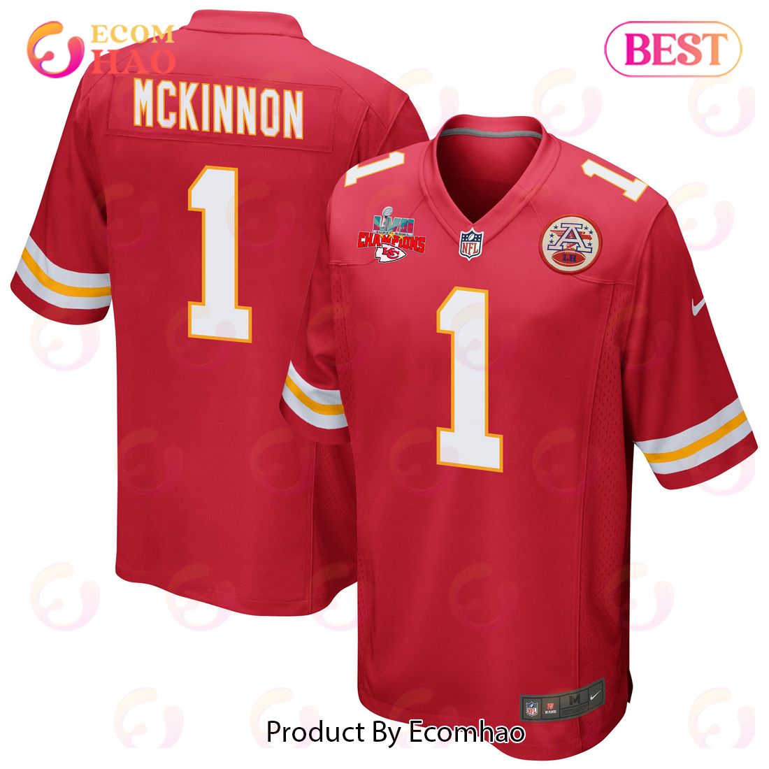 Jerick McKinnon 1 Kansas City Chiefs Super Bowl LVII Champions 3 Stars Men Game Jersey – Red