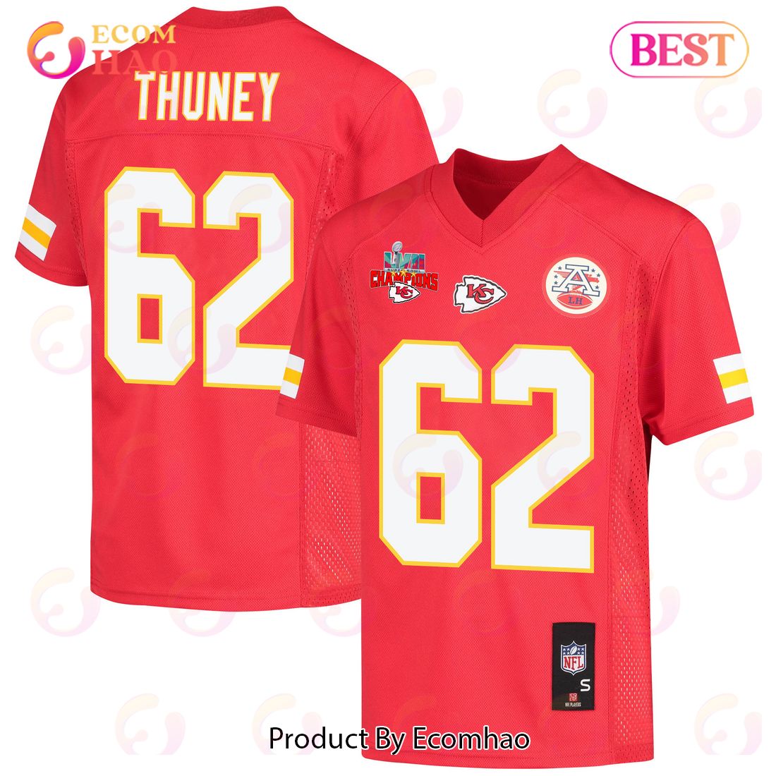 Joe Thuney 62 Kansas City Chiefs Super Bowl LVII Champions 3 Stars Youth Game Jersey – Red