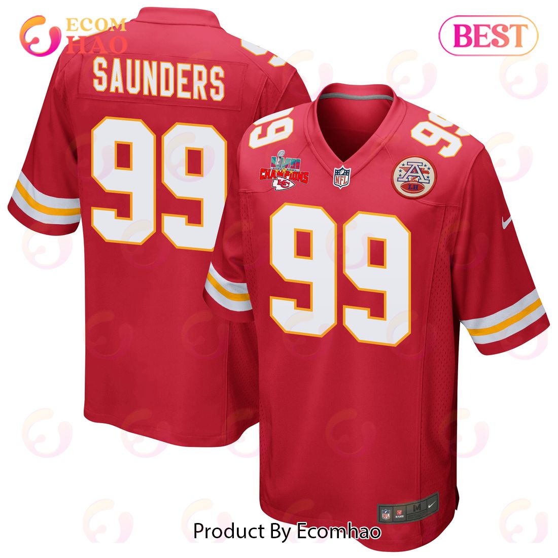 Khalen Saunders 99 Kansas City Chiefs Super Bowl LVII Champions 3 Stars Men Game Jersey – Red