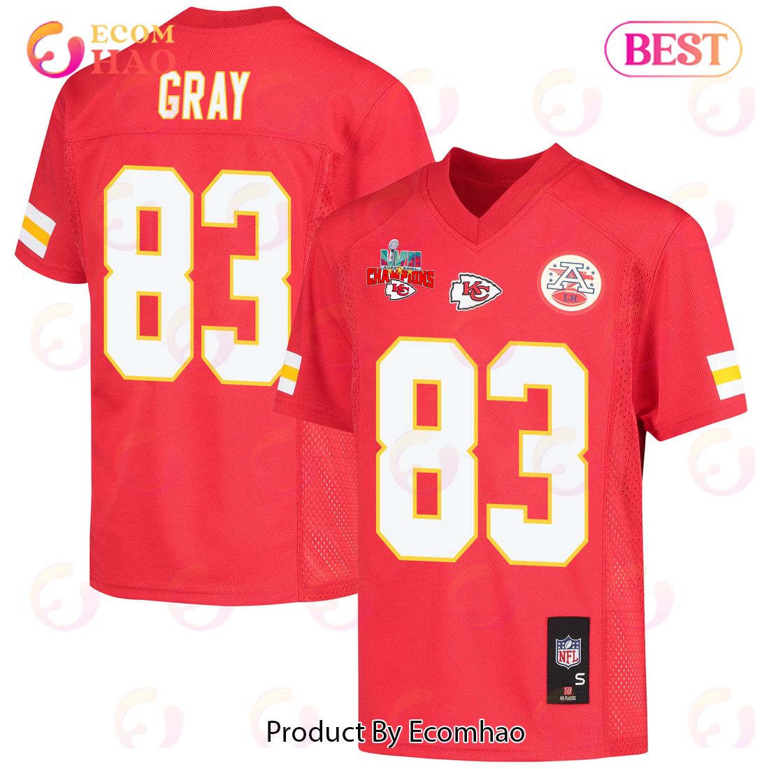 Noah Gray 83 Kansas City Chiefs Super Bowl LVII Champions 3 Stars Youth Game Jersey – Red