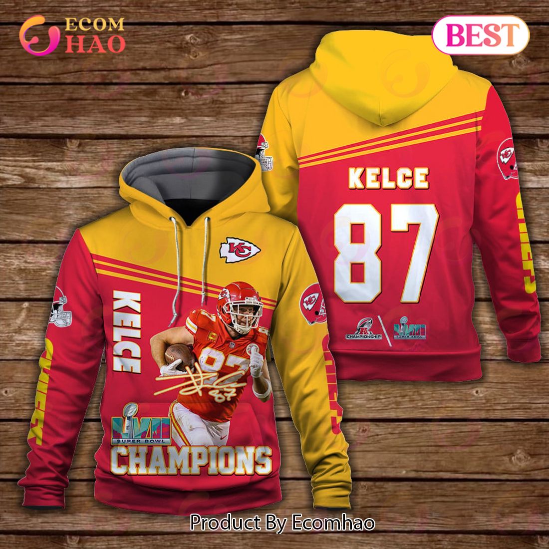 Travis Kelce 87 Kansas City Chiefs Super Bowl Champion 2023 AFC Champions Unisex 3D Hoodie