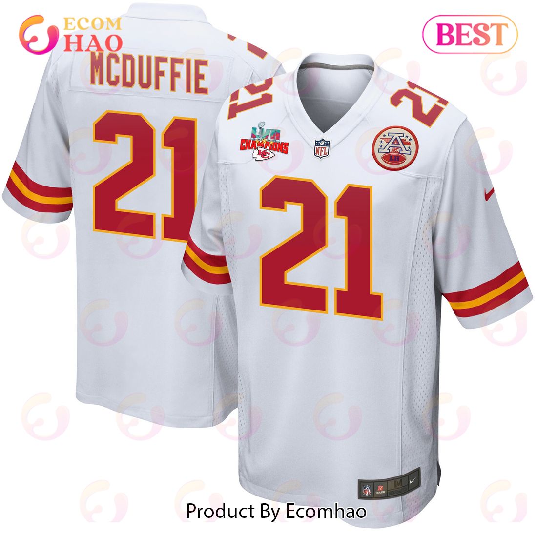 Trent McDuffie 21 Kansas City Chiefs Super Bowl LVII Champions 3 Stars Men Game Jersey – White