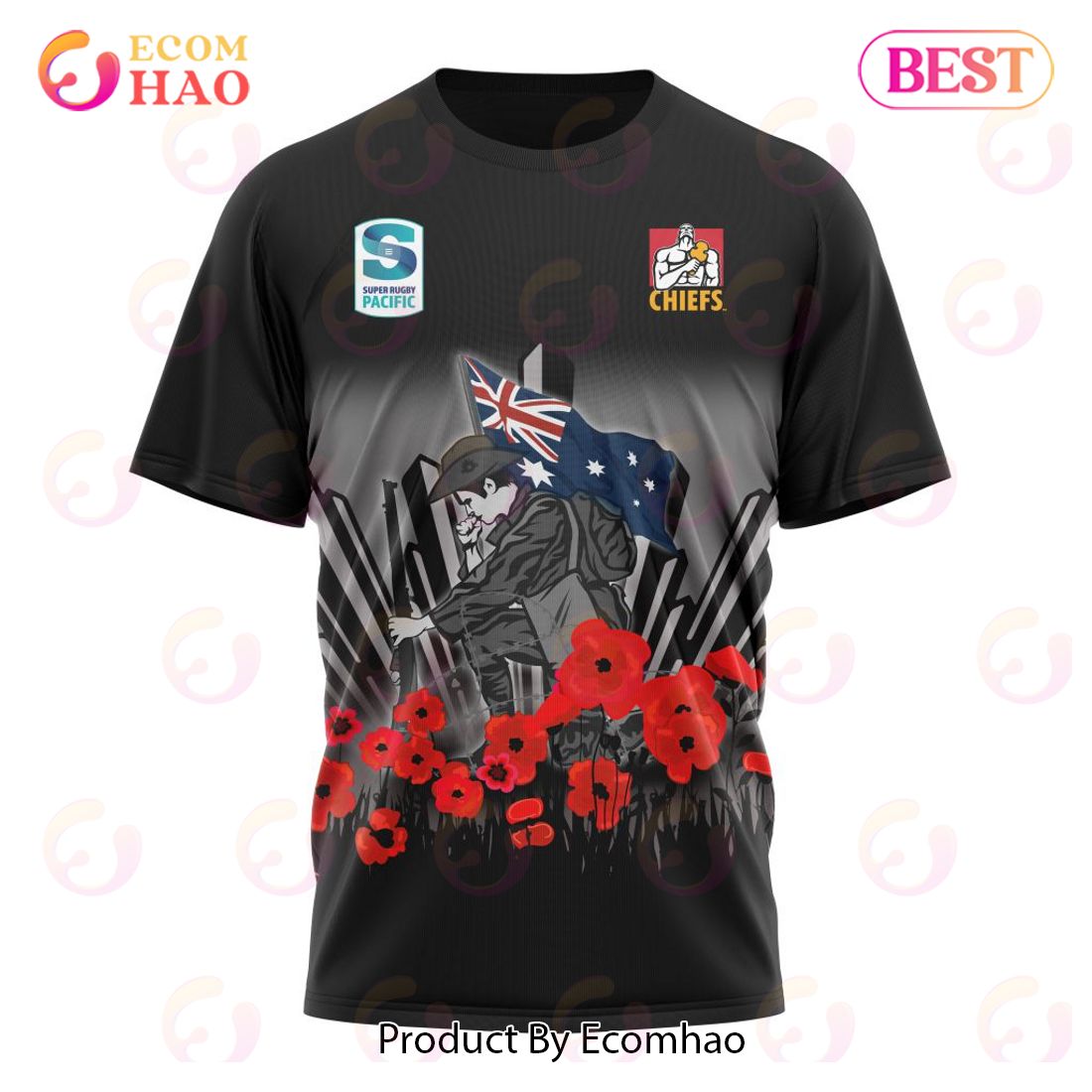 BEST Super Rugby Gallagher Chiefs, Specialized 2022 Anzac Jersey Concepts  3D Hoodie