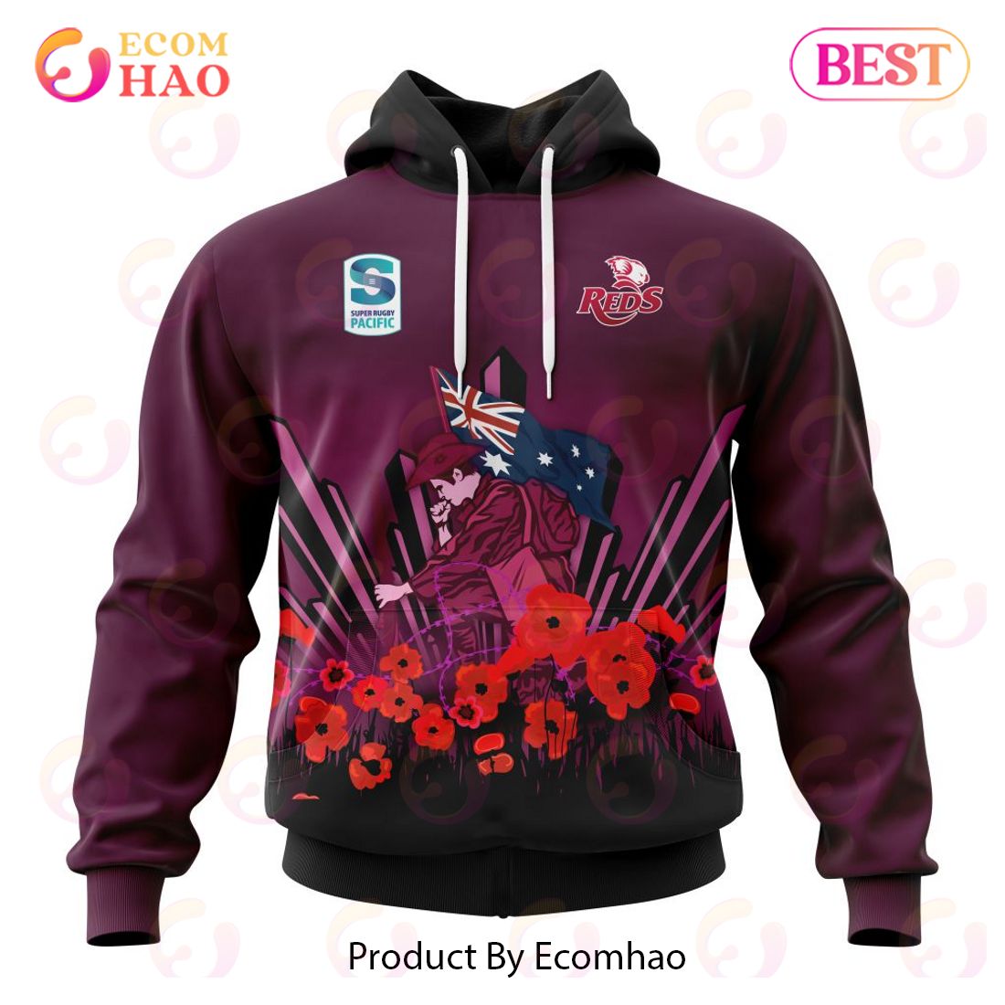 Super Rugby Queensland Reds Specialized 2022 Anzac Jersey Concepts 3D Hoodie