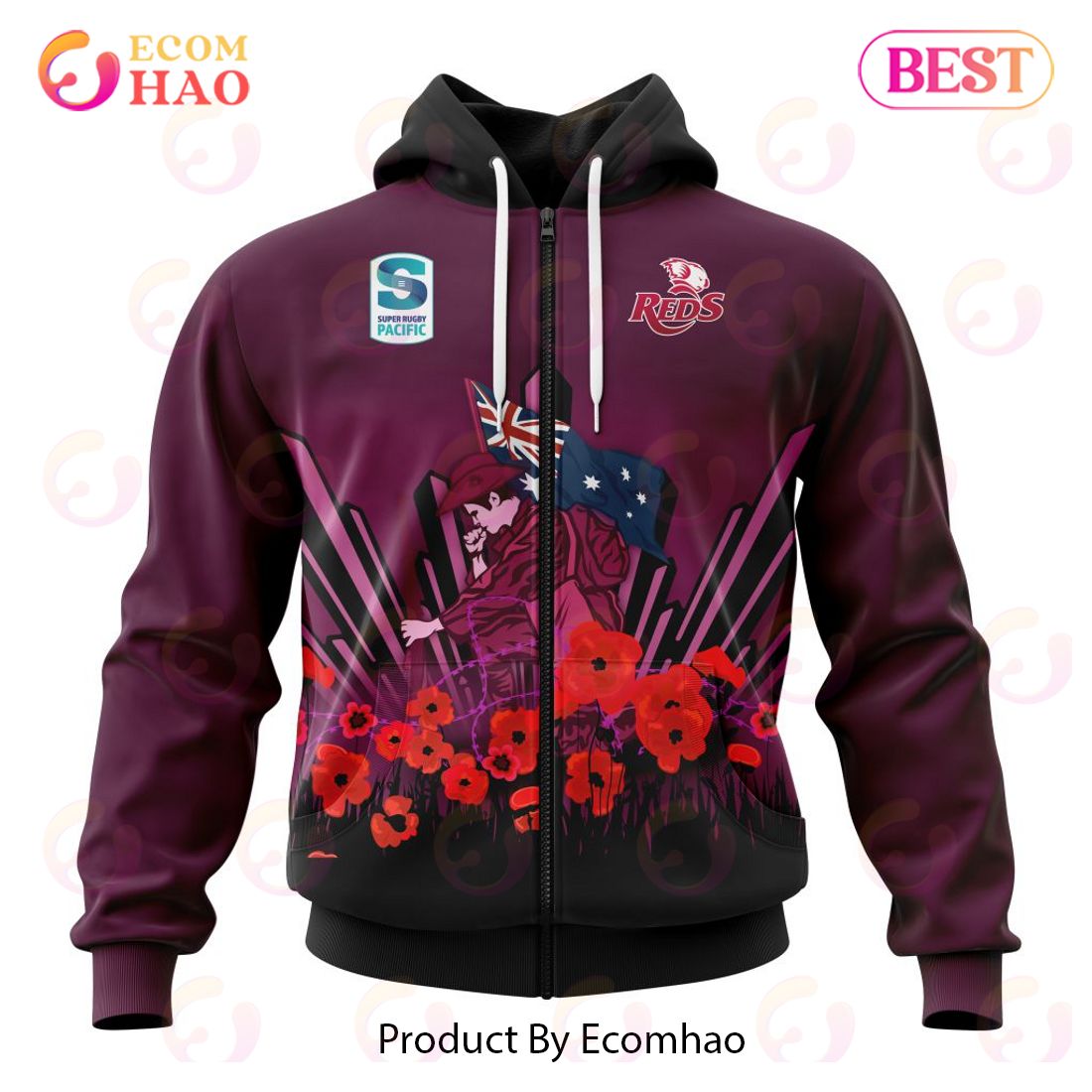 Super Rugby Queensland Reds Specialized 2022 Anzac Jersey Concepts 3D Hoodie