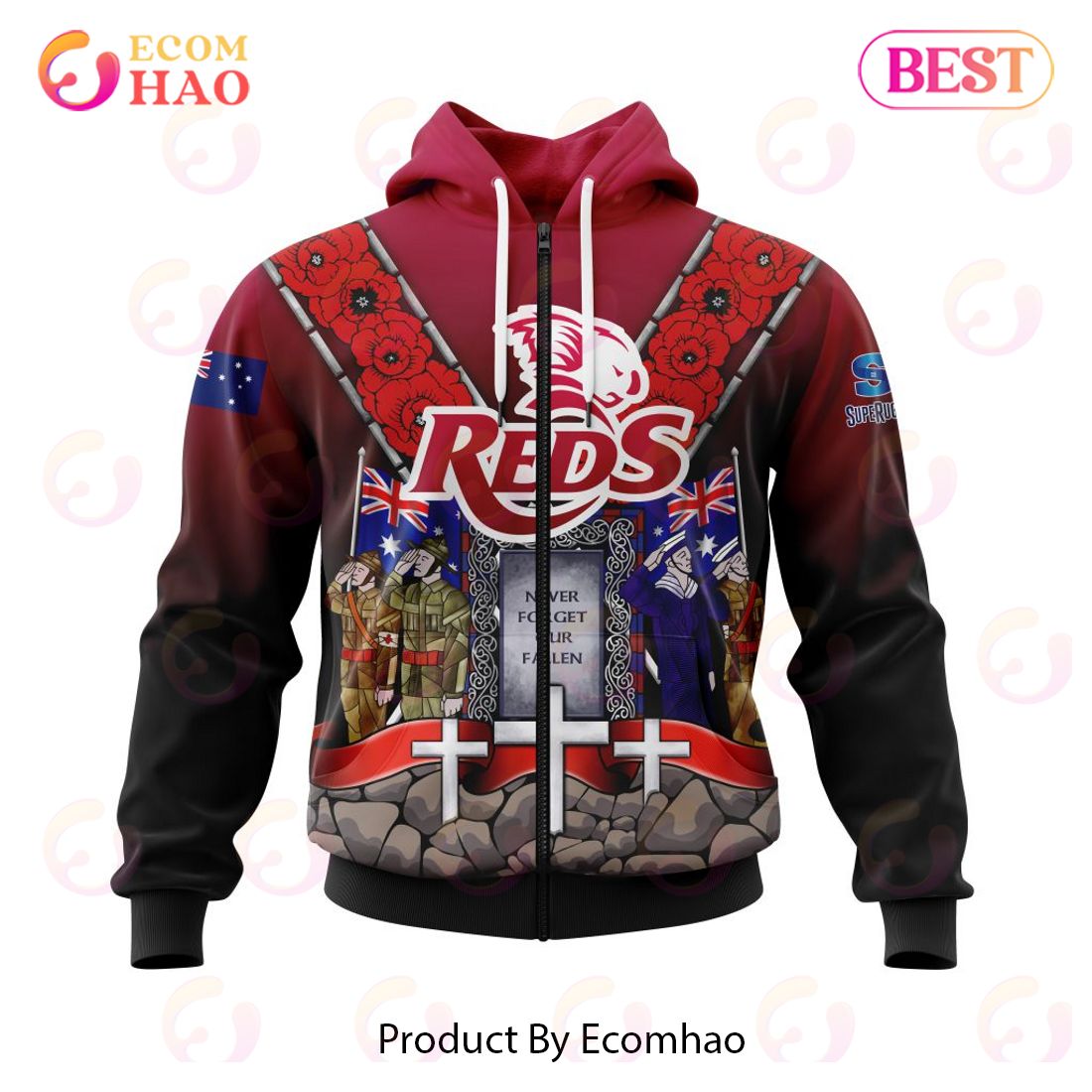 Super Rugby Queensland Reds Specialized Anzac Jersey Concepts 3D Hoodie